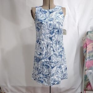 ANN KLEIN BLUE AND WHITE LEAF PATTERN SLEEVELESS DRESS